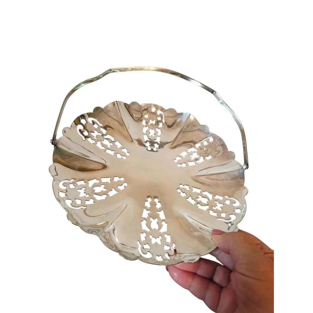 Vintage Swedish Silver Plated Pierced Basket with Swing Handle